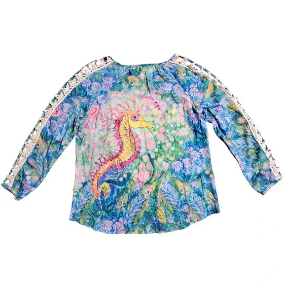 Leoma Lovegrove Seahorse Tie Waist Art to Wear Top Watercolor L Laced Sleeves - Picture 10 of 12